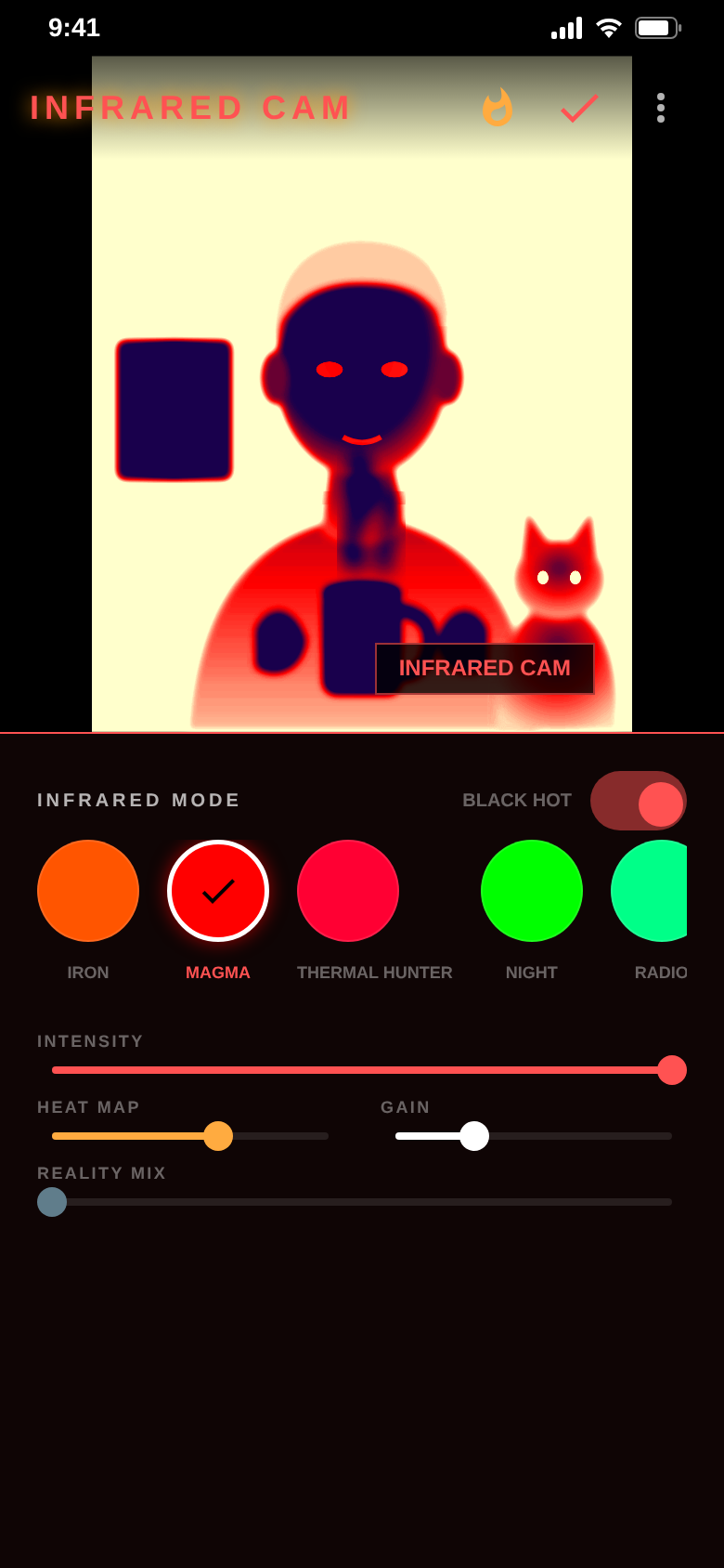 MAGMA filter with the black hot switch on: warm areas turn dark on a bright background