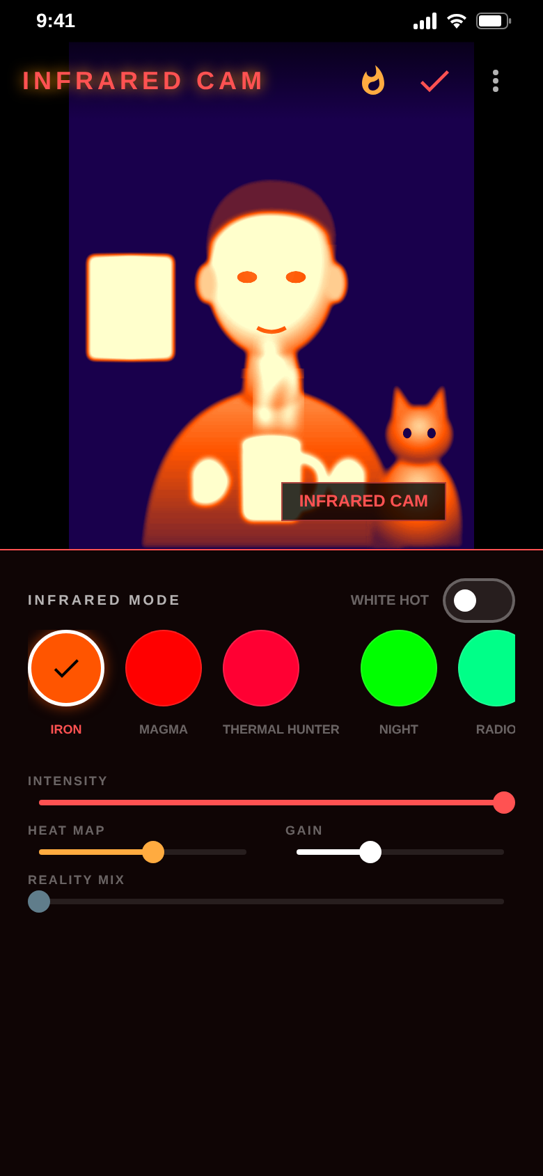Editor with the IRON filter selected and sliders for intensity, heat map, gain and reality mix