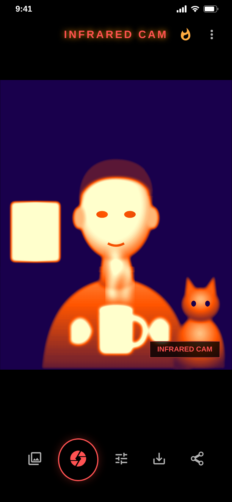 Camera view with the IRON filter: a person with a coffee mug and a cat glowing orange and yellow on dark purple