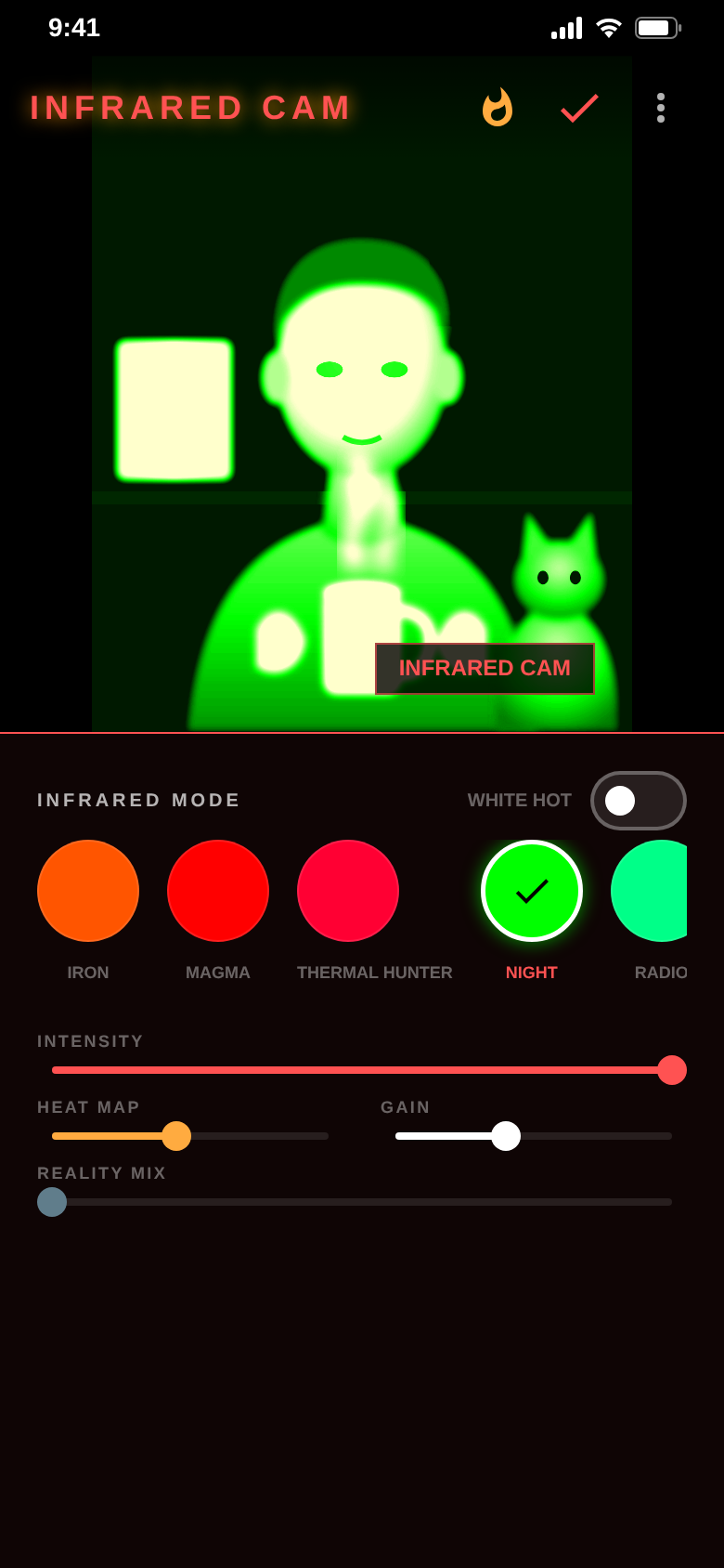 NIGHT filter in night-vision green with the filter row IRON, MAGMA, THERMAL HUNTER, NIGHT, RADIO