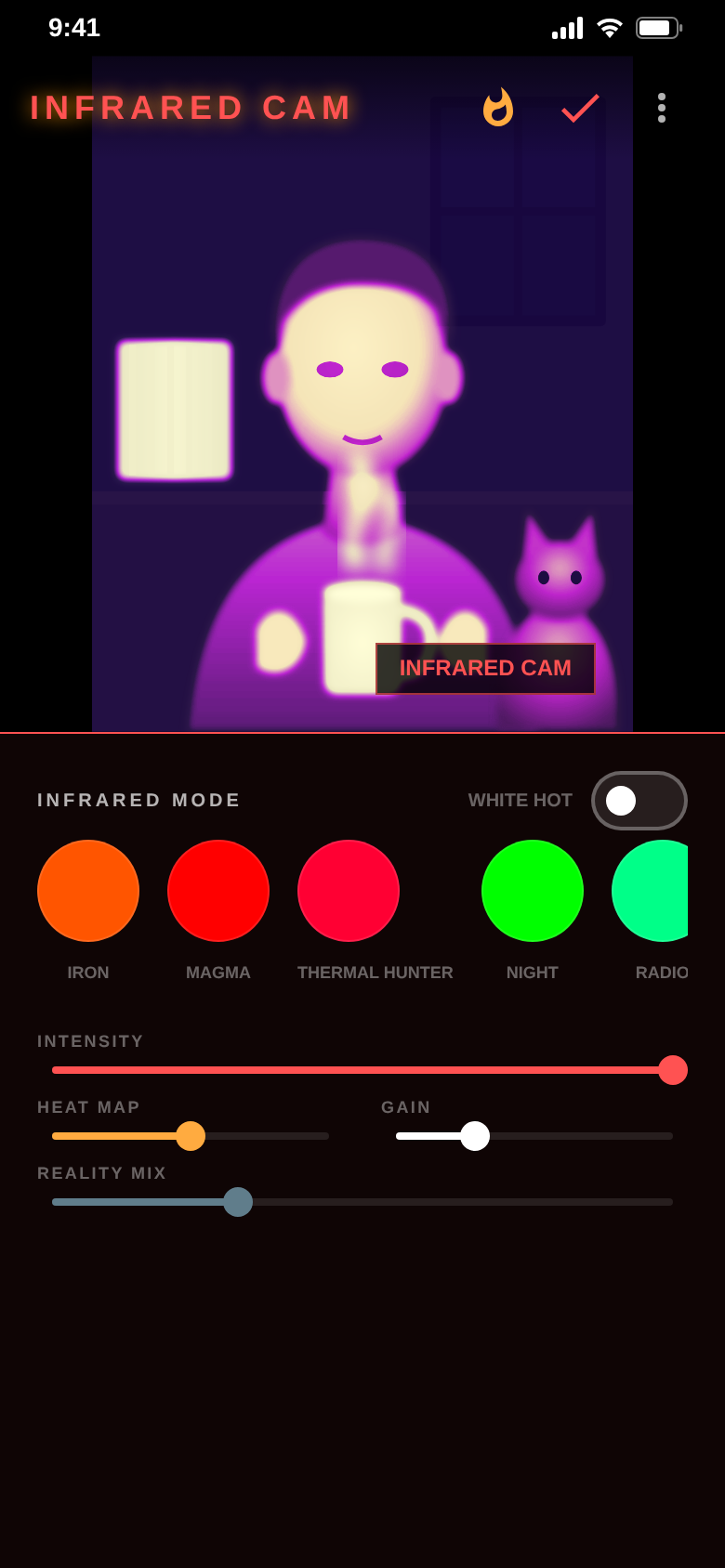 Purple filter with the reality mix slider raised, so the room behind shows through